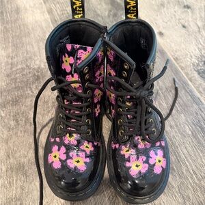 Dr. Martens Black and Pink Floral Kids Boots